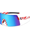 Polarized Sports Sunglasses for Cycling and MTB Riding with UV400 Protection, lightweight USA flag frame, blue lens, side view