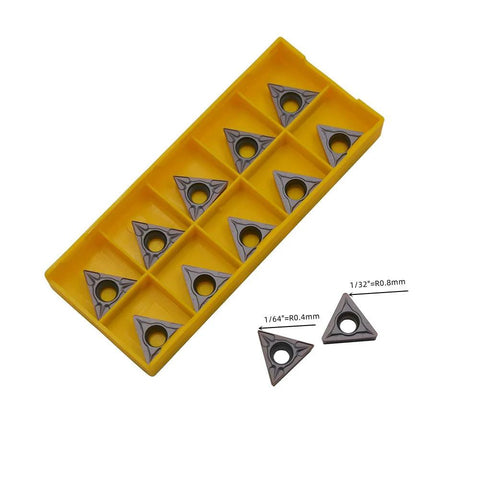 20pcs TCMT carbide turning inserts in a yellow plastic storage tray; triangular with central hole.