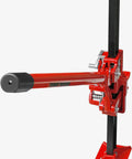 Close-up of red Ratcheting Off Road Utility Farm Jack 33 Inch For Lifting Pulling Clamping And Winching 3 Ton 6000 Lb Capacity