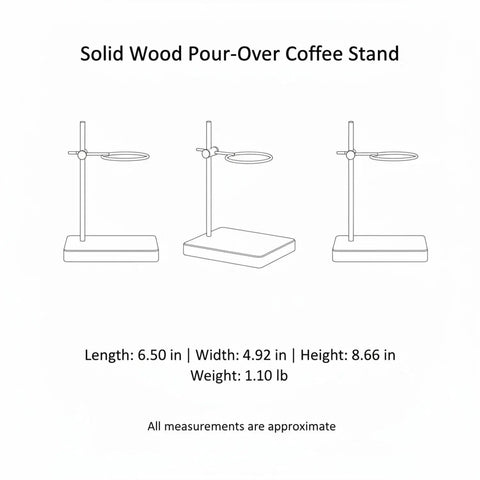 Solid Wood Pour Over Stand, compact brewing holder, dimensions 6.5x4.9x8.7 inches, ideal for coffee dripper setup.