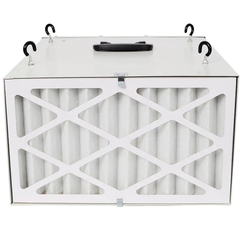 Heavy Duty Ceiling Air Filtration System With Remote Control Three Speed Dust Collector And Dual Stage Carbon Filter For Garage Workshop Air Scrubber Kicking Serious Sawdust And Shop Grit White Powerhouse front view with handle and removable filter.