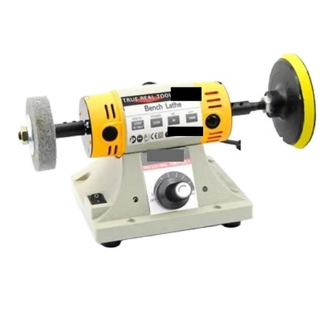 Kickass 350W Lapidary Machine Rock Solid Stone Polishing Lathe with yellow and gray bench base and polishing wheels.