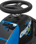 Close-up of steering wheel and controls on Crazy Cart Shift Electric Go Kart For Kids Ages 6 And Up 12V Drifting System, Black and Blue.