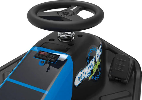 Close-up of steering wheel and controls on Crazy Cart Shift Electric Go Kart For Kids Ages 6 And Up 12V Drifting System, Black and Blue.