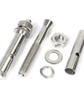 Hex Head Sleeve Anchor M6 X 60mm in 304 Stainless Steel for Pad Eye Plate Ceiling Hooks and Hanging Hardware Expansion Bolt One Quarter Inch, set of four shown disassembled.