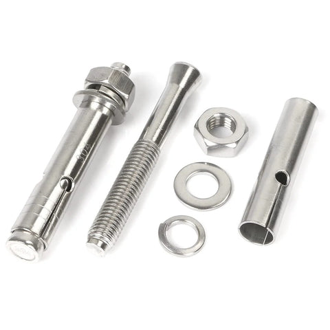 Hex Head Sleeve Anchor M6 X 60mm in 304 Stainless Steel for Pad Eye Plate Ceiling Hooks and Hanging Hardware Expansion Bolt One Quarter Inch, set of four shown disassembled.