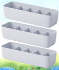 3 Piece Stackable Storage Box Set With Dividers For Bras And Leggings Multi Compartment Drawer Organizer Bin For Underwear Socks Plus Neck Ties showing three grey divided bins.