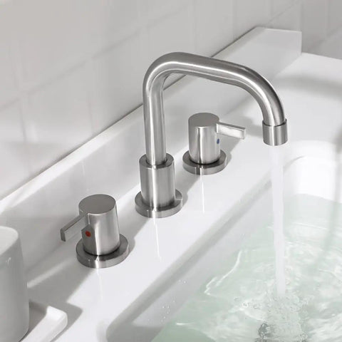 Two Handle Widespread Bathroom Faucet In Brushed Nickel With Metal Pop Up Drain, cUPC Certified, Quick Connect Supply Lines Included