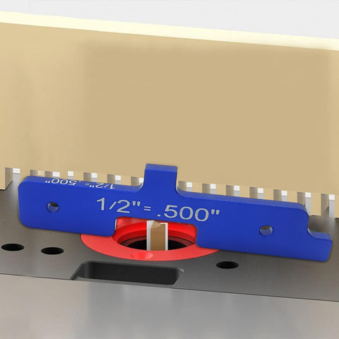 Heavy-Duty Aluminum Router Table Setup Bars Set Of 7 Pieces For Dead-On Woodworking Precision Depth Control And Fence Alignment Compatible With Kreg Systems with a blue gauge on a router table.