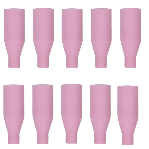 Ceramic Nozzle Set for MB15 and 15AK MIG Welding Torch, Gasless Flux Core Ready, 10 Pack showing pink nozzles horizontally aligned