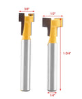 Premium Two Pack Yellow T Slot Cutter Router Bits Designed For 3 8 Inch And Half Inch Cutting Edges With Rock Solid One Quarter Inch Shank For Smooth Woodworking Cuts, showing dimensions.
