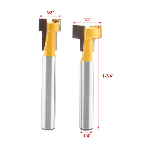Premium Two Pack Yellow T Slot Cutter Router Bits Designed For 3 8 Inch And Half Inch Cutting Edges With Rock Solid One Quarter Inch Shank For Smooth Woodworking Cuts, showing dimensions.