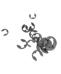 Get Those Shaft Parts Locked Down Tight With These Steel Circlips, E Clips And Retaining Rings In Assorted Sizes For Machinery Gear Fixing. Black steel E clips in assorted sizes on white background.