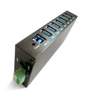 Industrial USB 3.0 7-Port Hub For DIN Rail And Panel Mounts, 5Gbps Fast Data shown with USB type A ports and power input