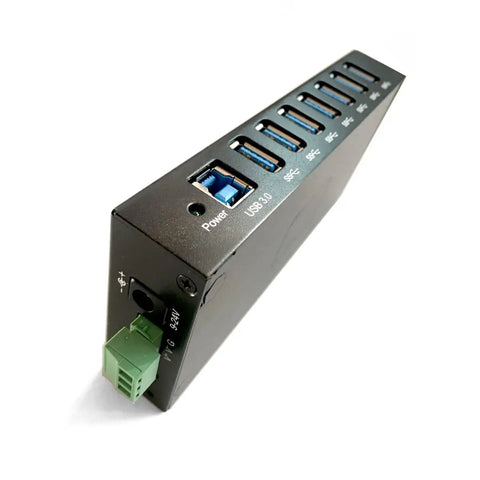 Industrial USB 3.0 7-Port Hub For DIN Rail And Panel Mounts, 5Gbps Fast Data shown with USB type A ports and power input