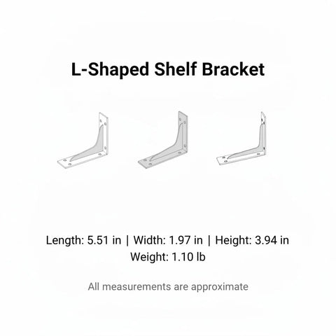Diagram of Beefy Heavy Duty L Shaped Stainless Steel Shelf Bracket Wall Mount For Floating Shelves, white finish, measurements shown
