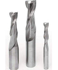 Solid Carbide Spiral Upcut Router Bit Pro Grade Starter Set For Deep Mortises And Dadoes Three Piece Kit Includes Bits In One Quarter Inch One Three Eighths Inch And One Half Inch Diameters With Quarter And Half Inch Shanks For Smooth Cuts showing the three carbide router bits, each in different sizes.