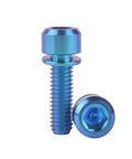 Two blue titanium M6x18mm bike bolts with washer and Allen hex head shown in close-up, part of a 4 pack for mountain and road bikes.
