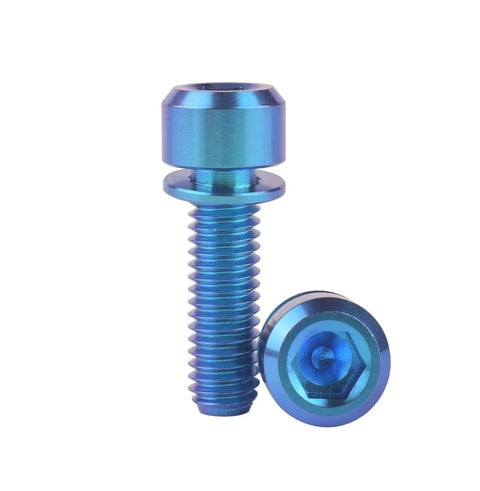 Two blue titanium M6x18mm bike bolts with washer and Allen hex head shown in close-up, part of a 4 pack for mountain and road bikes.