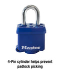 Weatherproof Padlock With Laminated Steel Body And Hardened Shackle One And Nine Sixteenths Inch Wide Blue Thermoplastic Shell