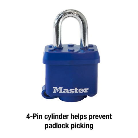 Weatherproof Padlock With Laminated Steel Body And Hardened Shackle One And Nine Sixteenths Inch Wide Blue Thermoplastic Shell