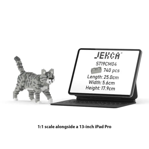 Grey Tabby Cat Mini Building Blocks Set For Teens And Adults With Over 740 Durable Plastic Pieces Interlocking Brick System Easy Build Guide A Totally Fun Craft Kit For Cat Lovers And Creative Hobbyists, 1:1 scale beside 13-inch iPad Pro