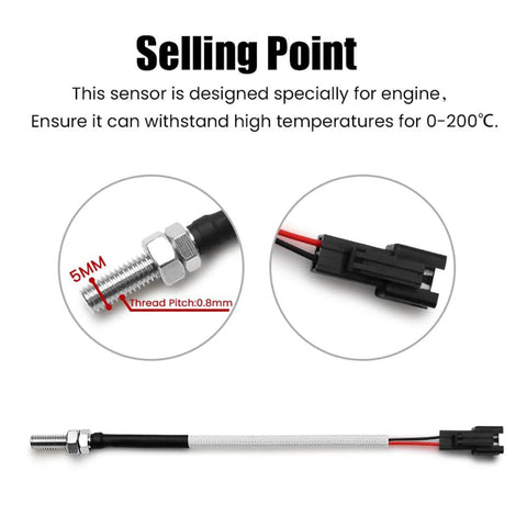 Universal Digital Engine Temperature Gauge With 10mm Or 14mm Probe Adapter, close-up of 5mm threaded sensor and black connector