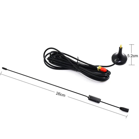 Two Pack Magnetic Car Antenna For UV-5R UV-82 UV-9R Walkie Talkie 144 MHz And 430 MHz Band 50 Ohm F Female Connector Black Includes 3.0 dB And 2.15 dB Gain, 26cm whip, coiled cable visible