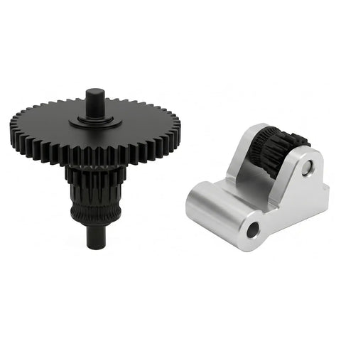 Close-up of Extruder Gear Assembly Replacement For Flashforge AD5X, featuring nano-coated CNC skeletonized POM gears on a white background.