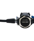 Leg3nd Dive Regulator With Auto Closure Device Protection, side view showing hose connection and branding on scuba regulator