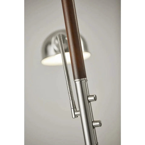 Close-up of Lexington 71 Inch Two Light Floor Lamp in Walnut Finish With Up Lighting Alabaster Glass Dome Shade and Adjustable Reading Light