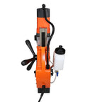 Badass Magnetic Drill Press With 1.8 Inch Boring Cap And 1700 Watt Variable Speed Motor, top view showing controls and coolant tank.