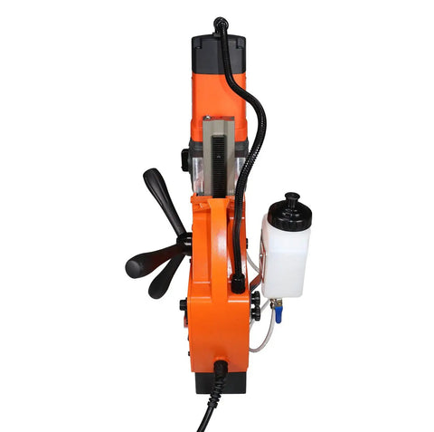 Badass Magnetic Drill Press With 1.8 Inch Boring Cap And 1700 Watt Variable Speed Motor, top view showing controls and coolant tank.