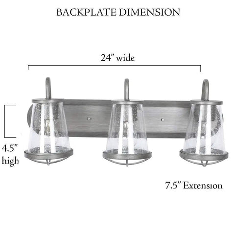 Dimensions of Darby 3-Light Bathroom Vanity Light Fixture In Weathered Iron With Clear Seedy Glass Shades, backplate shown