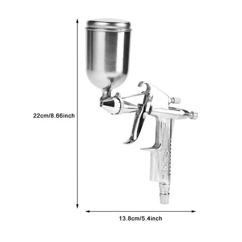 Compact Pneumatic Spray Gun With Tight 0.5mm Nozzle And 125ml Gravity Cup showcases a 22cm height, metal design for easy use.