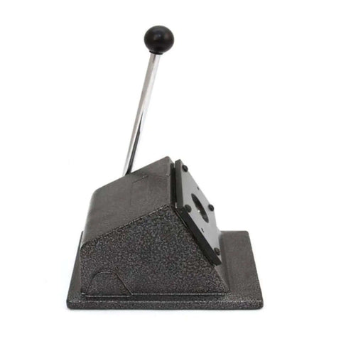 Side view of all in one circle punch die cutter for paper and PVC cards with steel blade and composite frame.