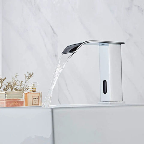 Dual Powered Automatic Touchless Bathroom Faucet With Motion Sensor Waterfall Chrome Finish Hands Free Vanity Faucet