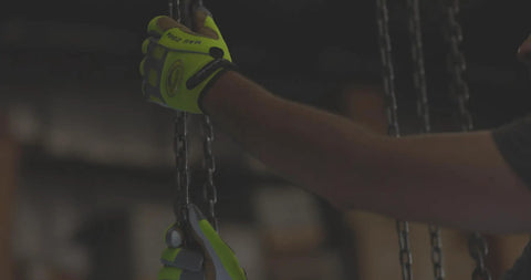 Multi Activity Work Glove With Goat Grain Leather Palm Hi Vis AirMesh Back Pinched Tip Fingers handling heavy chains