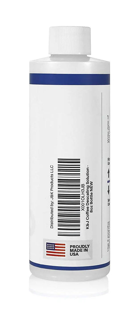 Back view of bottle for Premium Descaling Solution For Keurig Breville Nespresso Delonghi Cuisinart, with barcode and USA flag label.