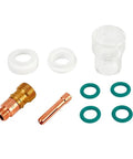 Stout 9-Piece TIG Welding Accessories Kit With #12 Glass Cup For WP-17 And WP-18 Torch Setup includes various components like cups, rings, and insulators.