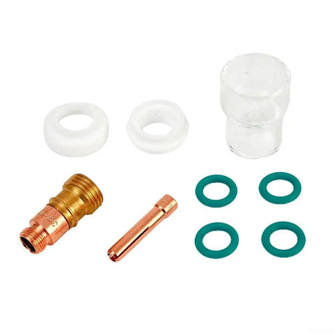Stout 9-Piece TIG Welding Accessories Kit With #12 Glass Cup For WP-17 And WP-18 Torch Setup includes various components like cups, rings, and insulators.