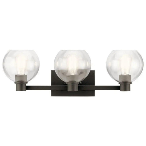 Harmony 24.5 Inch Three Light Vanity Light With Clear Glass Shades In Olde Bronze Finish, front view displaying round glass shades
