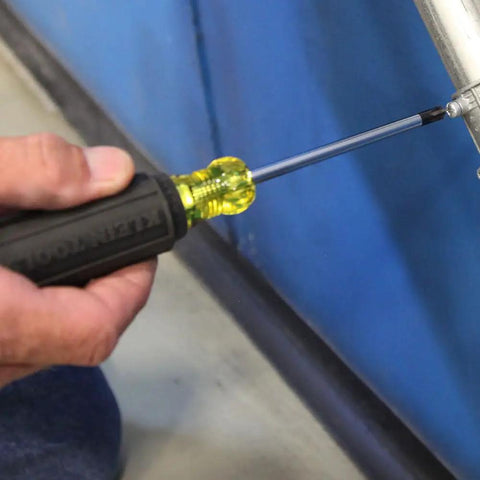 Using Combination Tip Screwdriver Set With 4-Inch Fixed Blade Drivers No. 1 And No. 2 Tips Cushion Grip Handles Made In USA