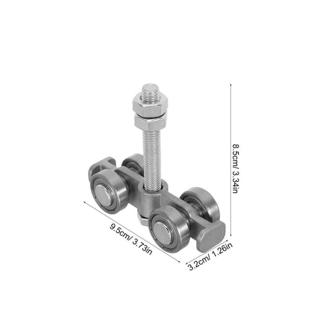 Heavy Duty Steel Sliding Door Track Roller With Quiet Gliding Wheels For Indoor Room Partitions And Office Decor Near Silent Operation And Dead Quiet Performance With Super Strong Load Bearing For Bedrooms Libraries And High Traffic Spaces, close-up view showing dimensions.