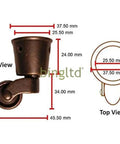 Top Shelf Heavy Duty Swivel Antique Brass Furniture Casters With Slick Round Cup Base Offering Hella Smooth 360 Rotation And Rock Solid Performance For Every Home Upgrade - Side and Top View with Measurements.