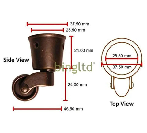 Top Shelf Heavy Duty Swivel Antique Brass Furniture Casters With Slick Round Cup Base Offering Hella Smooth 360 Rotation And Rock Solid Performance For Every Home Upgrade - Side and Top View with Measurements.