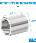 304 Stainless Steel 1/4 Inch Female To 1/4 Inch Female Pipe Coupling Fitting, 1 Inch Length, 2 Pack, close-up view