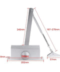 Light Commercial Aluminum Door Closer With Soft Close and Automatic Adjustable Arm, Hydraulic Operation dimensions labeled