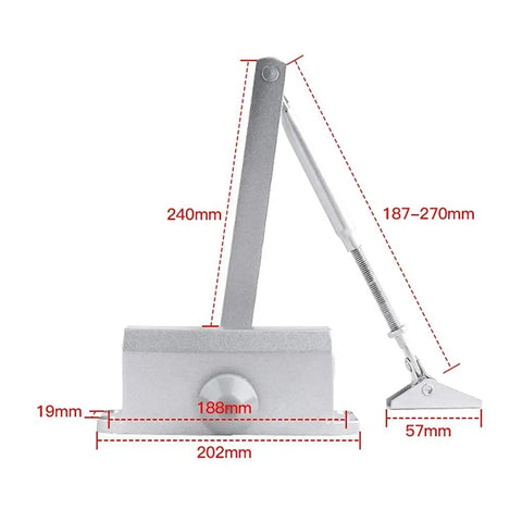 Light Commercial Aluminum Door Closer With Soft Close and Automatic Adjustable Arm, Hydraulic Operation dimensions labeled