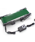 Electric Desktop Conveyor Belt With Adjustable Speed From 0 To 116 RPM 100 By 350 mm Belt For DIY Elevator Model Friction Experiment And Lab Practice Kit, PVC frame, green belt, speed controller visible